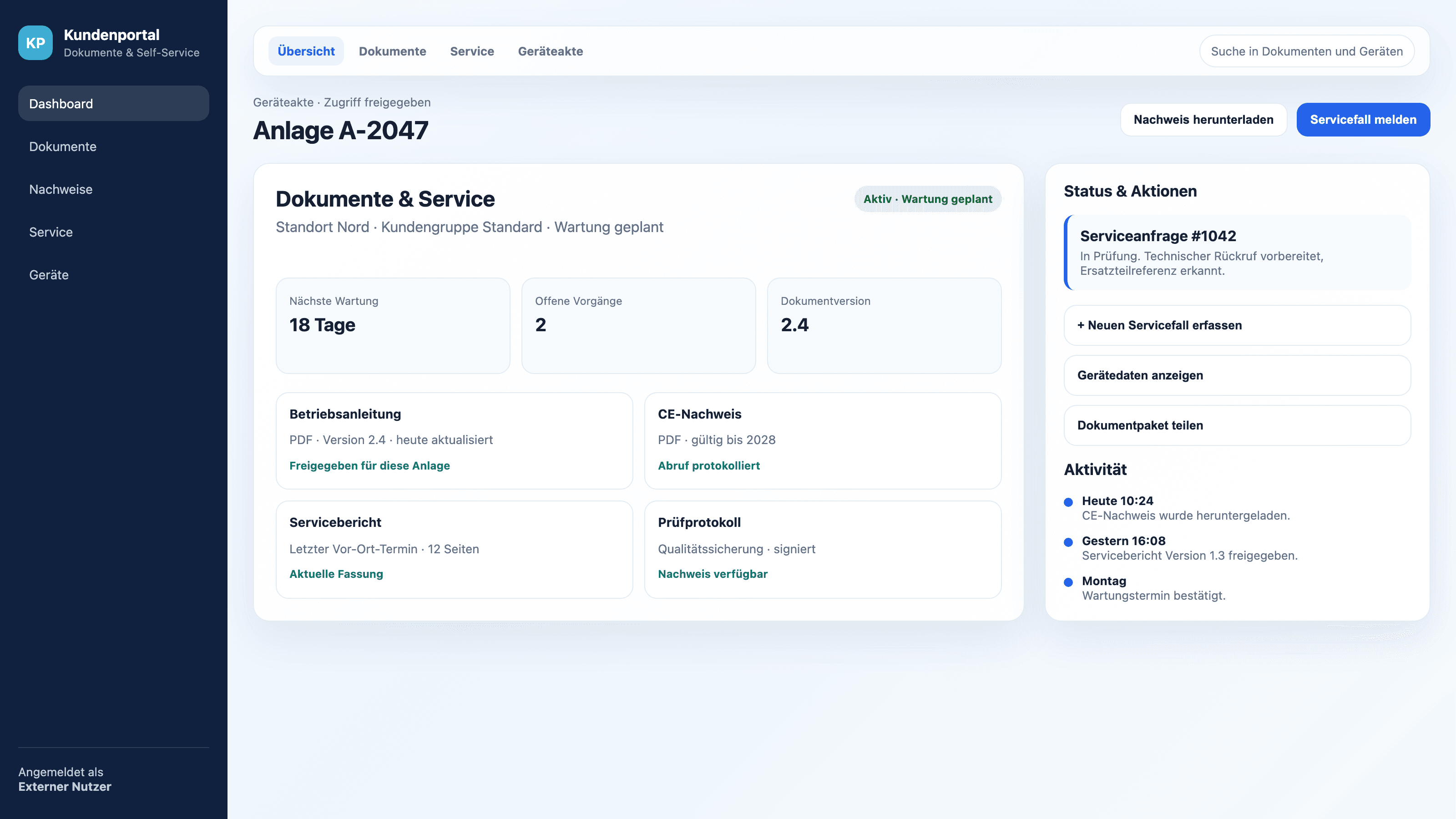 Stilisiertes Kundenportal-Mockup mit Dokumenten, Nachweisen und Statusansicht