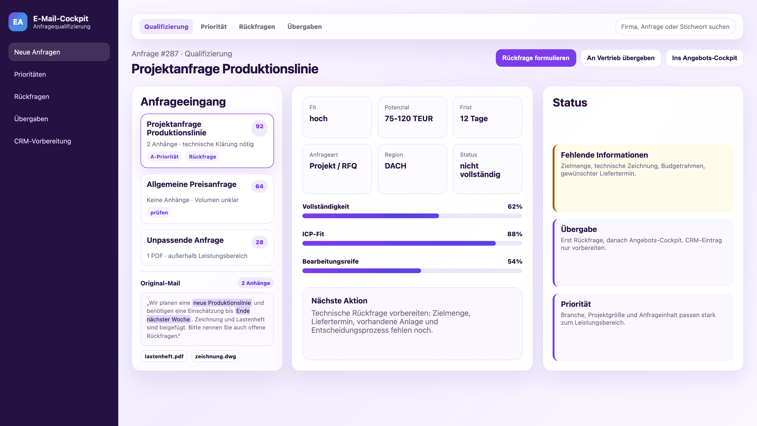 Stilisiertes Anfrage-Cockpit-Mockup mit Fit-Score, Priorität und nächster Aktion