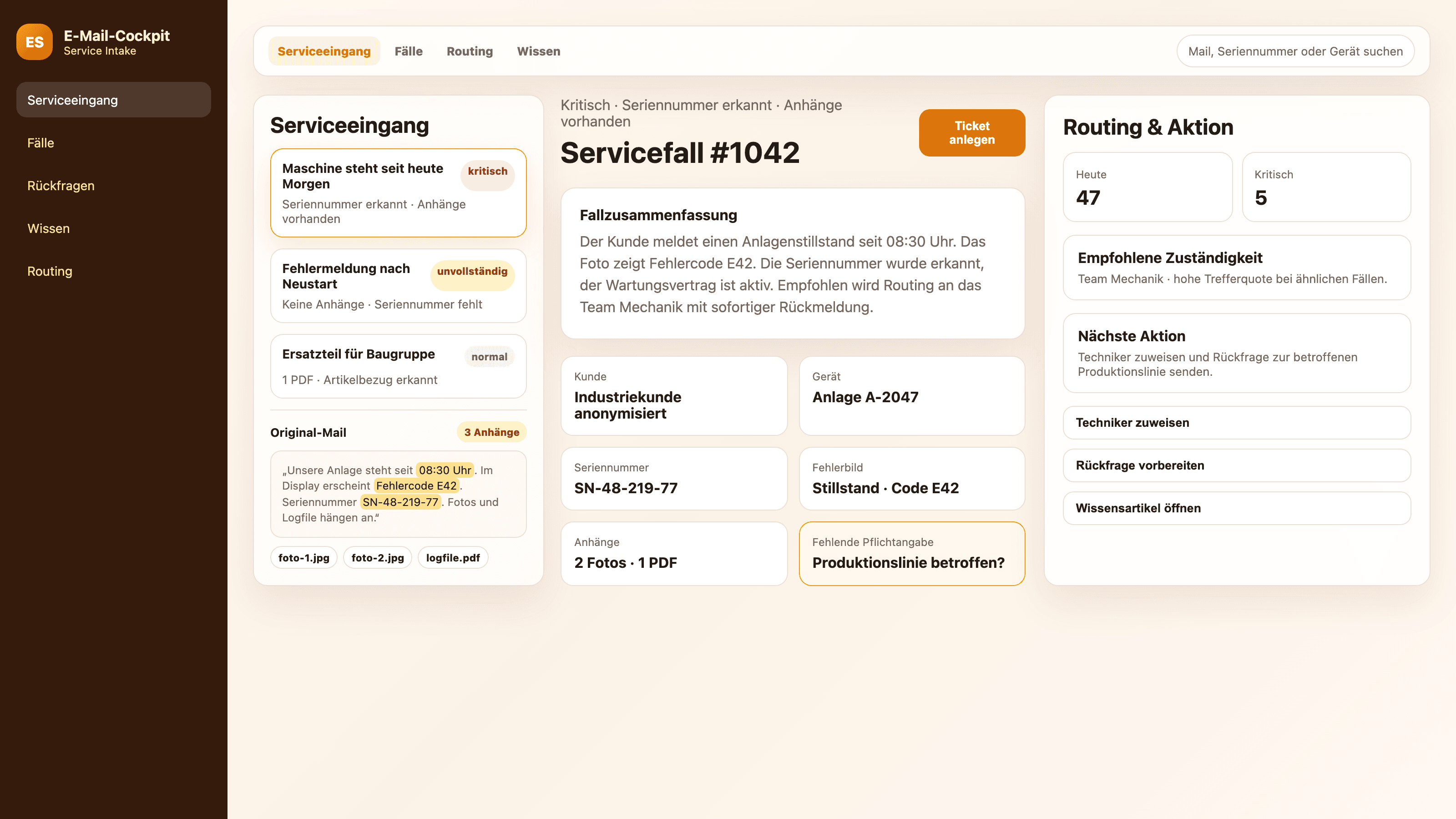 Stilisiertes Service-E-Mail-Cockpit-Mockup mit priorisierten Serviceanfragen